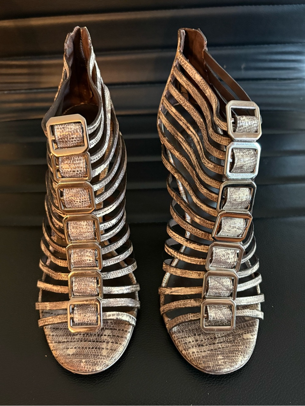 Tory Burch Metallic Taupe Strappy Buckle High-Heel Sandals